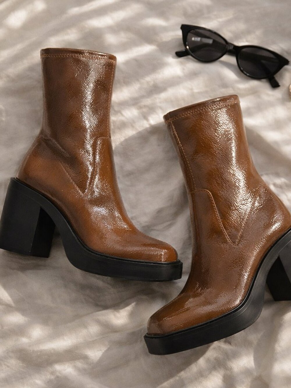 Chocolate Brown Glossy Platform Ankle Boots Chunky Heel Size 7